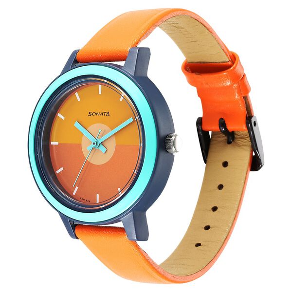 Sonata Splash Orange Dial Women Watch With Leather Strap - image number 1