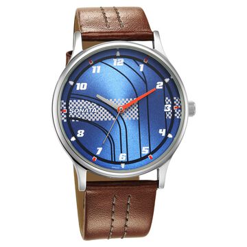 Sonata RPM Blue Dial Leather Strap Watch for Men