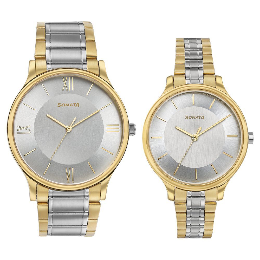 Buy Online Sonata Modern Bandhan Quartz Analog Silver Dial Stainless Steel Strap Watch for Couple 7710587050bm02 Sonata