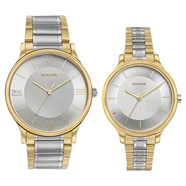 Sonata Modern Bandhan Quartz Analog Silver Dial Stainless Steel Strap Watch for Couple - image number 0