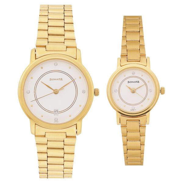 Sonata Quartz Analog with Date White Dial Metal Strap Watch for Couple - image number 1