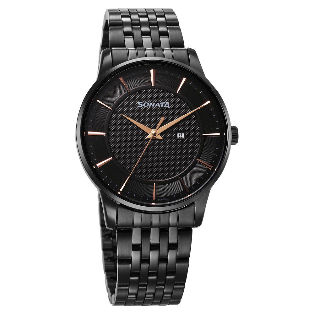 Buy Online Sonata Wedding Quartz Analog Black Dial Stainless Steel Strap Watch For Men 77153nm01 Sonata