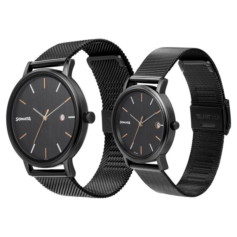 Sonata Quartz Analog with Date Black Dial Metal Strap Watch for Couple - image number 1