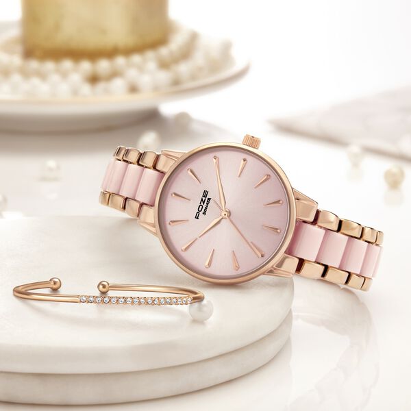 Sonata Poze Quartz Analog Pink Dial Rose Gold Color Metal With Crystal Strap Watch For Women - image number 0