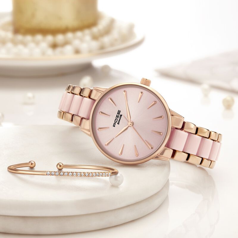 Sonata Poze Quartz Analog Pink Dial Rose Gold Color Metal With Crystal  Strap Watch For Women