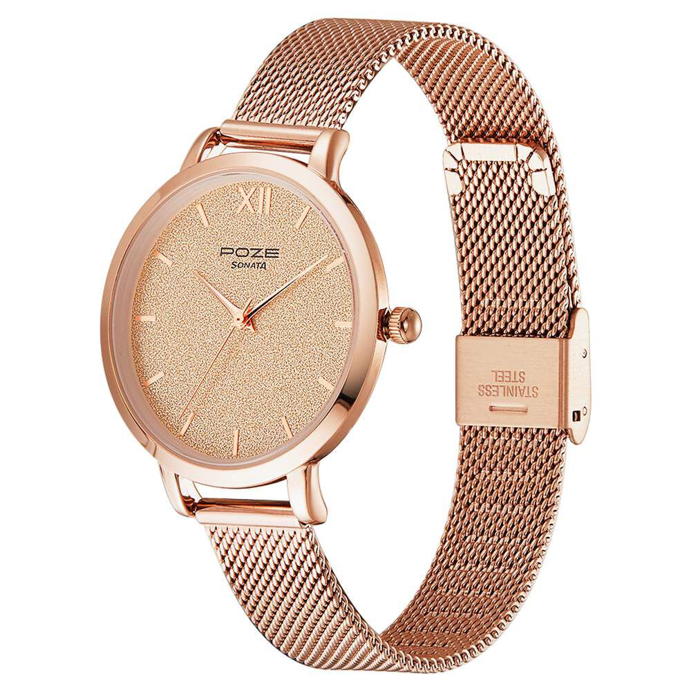 Poze by Sonata Quartz Analog Pink Dial Stainless Steel Strap Watch