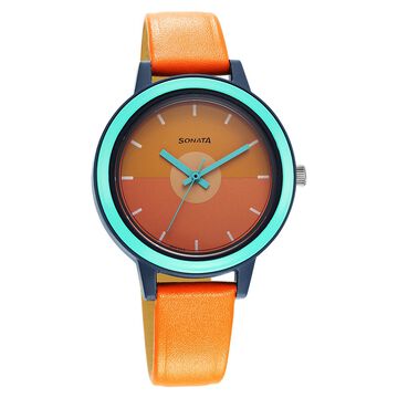 Sonata Splash Orange Dial Women Watch With Leather Strap