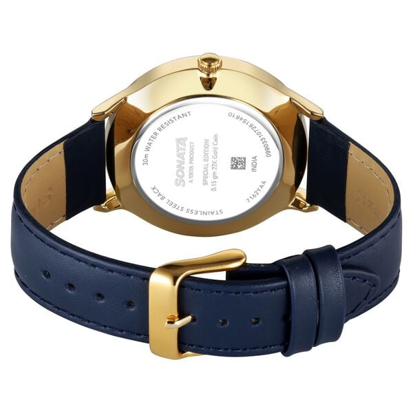 Sonata Gold Blue Dial Leather Strap Watch for Men with 22K Tanishq Gold Coin - image number 6