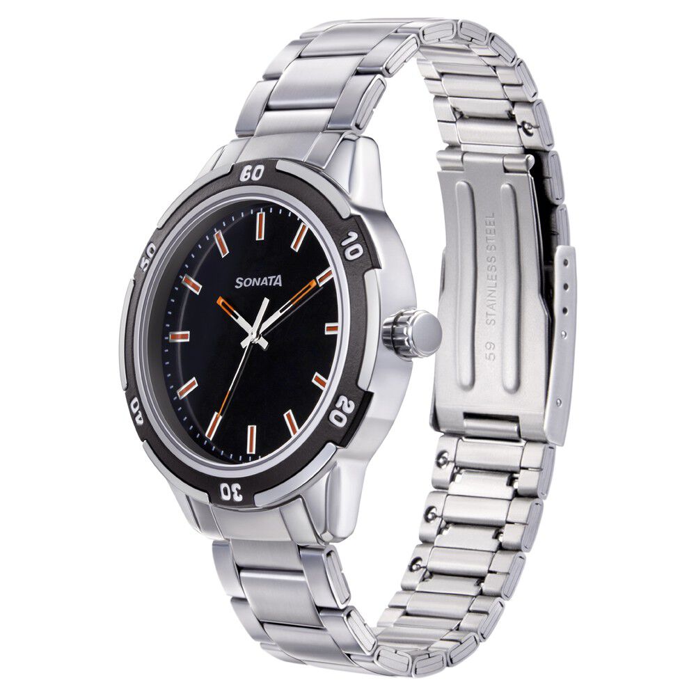 Sonata Quartz Analog Black Dial Metal Strap Watch for Men