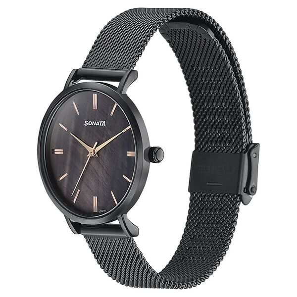 Sonata Quartz Analog Black Dial Black Stainless Steel Strap Watch For Women - image number 3