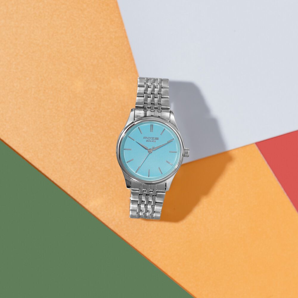 Buy Online Sonata Poze Quartz Analog Blue Dial Silver Colour