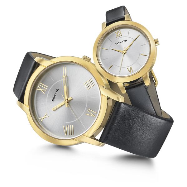 Sonata Quartz Analog Silver Dial Leather Strap Watch for Couple - image number 4