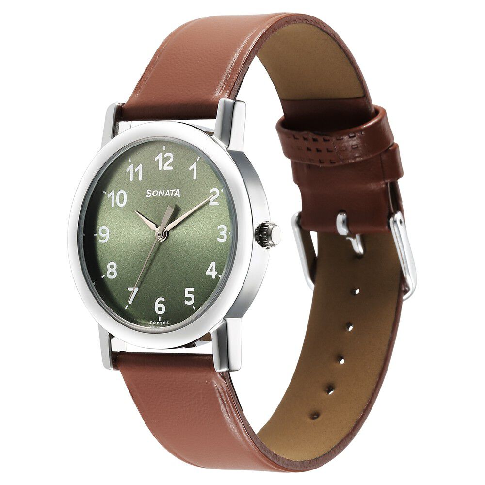 Buy Online Sonata Classic Quartz Analog Green Dial Brown Leather Strap Watch for Men 7987sl04w Sonata