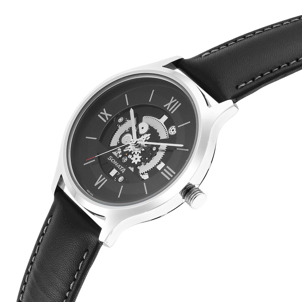 Buy Online Sonata Unveil Quartz Analog Black Dial Leather Strap