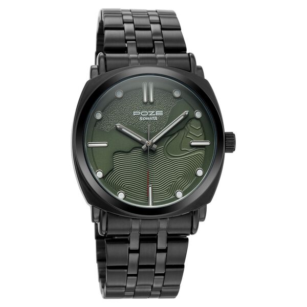 Poze By Sonata Quartz Analog Green Dial Black Metal Strap Watch For Men - image number 1