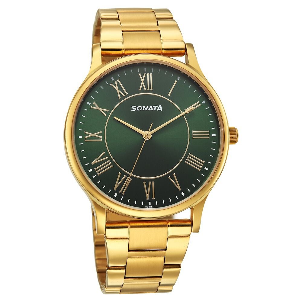 Sonata Traditional Essentials Quartz Analog Green Dial Golden Metal Strap Watch For Men