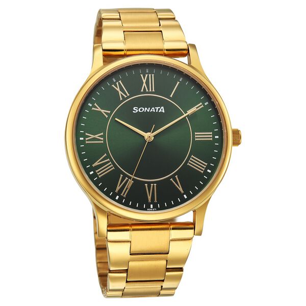 Sonata Traditional Essentials Quartz Analog Green Dial Golden Metal Strap Watch For Men - image number 0