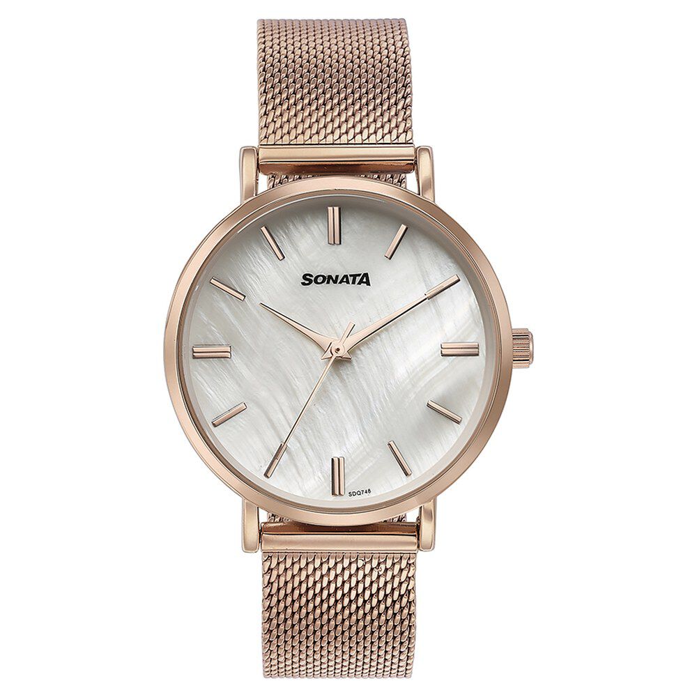 Buy Online Sonata Quartz Analog White Dial Rose Gold Stainless Steel Strap Watch For Women 87067wm01 Sonata