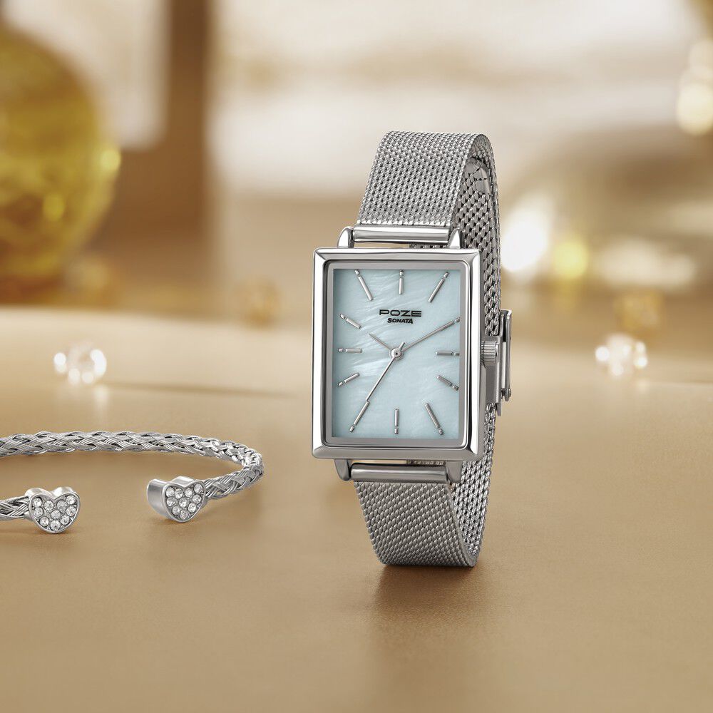 Buy Online Sonata Poze Quartz Analog Blue Mother Of Pearl Dial Silver Color Stainless Steel Strap Watch For Women sp80079sm01wf Sonata