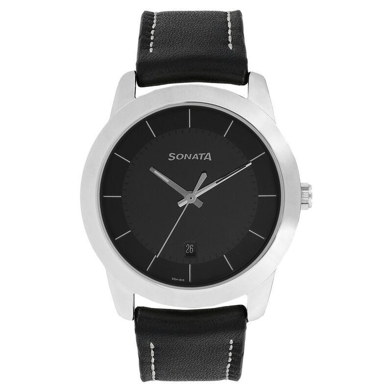 Sonata Quartz Analog with Date Black Dial Leather Strap Watch for Men - image number 0