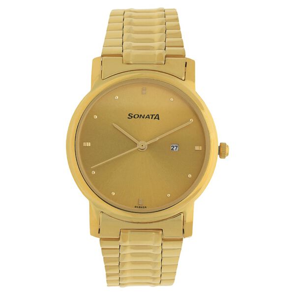 Sonata Quartz Analog with Date Champagne Dial Stainless Steel Strap Watch for Men - image number 0
