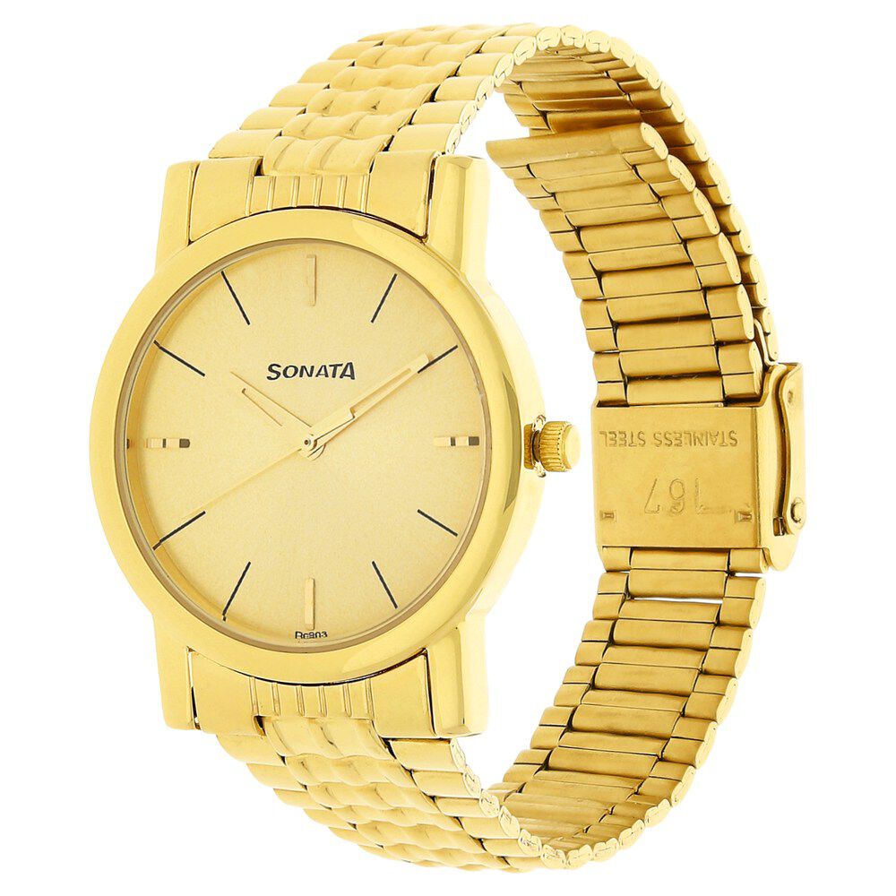 Buy Online Sonata Quartz Analog Champagne Dial Stainless Steel Strap Watch for Men np7987ym06w Sonata