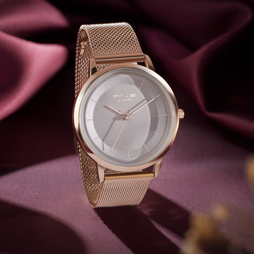 Sonata Poze Quartz Analog White Dial Mesh Strap Watch for Women