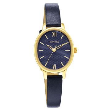 Sonata Classic Gold Blue Dial Leather Strap Watch for Women