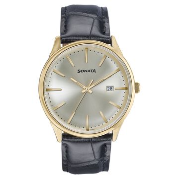 Sonata Wedding Edit Quartz Analog with Date Golden Dial Leather Strap Watch For Men