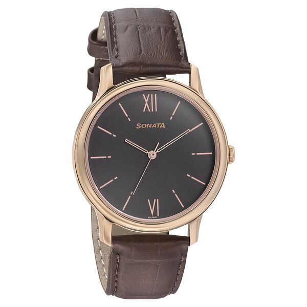 Sonata Beyond Gold Quartz Analog Grey Dial Leather Strap Watch for Men - image number 0