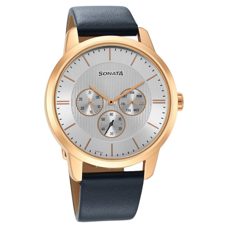 Sonata Quartz Multifunction Silver Dial Leather Strap Watch for Men - image number 0