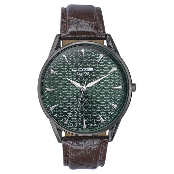Sonata Poze Quartz Analog Green Dial Brown Color Leather Strap Watch For Men - image number 1