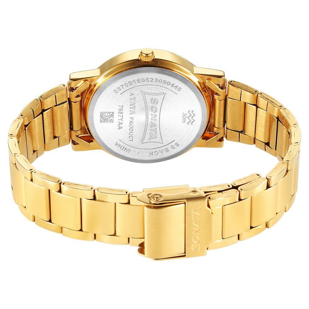 Buy Online Sonata Classic Quartz Analog Blue Dial Golden Stainless Steel Strap Watch for Men 7987ym14w p Sonata