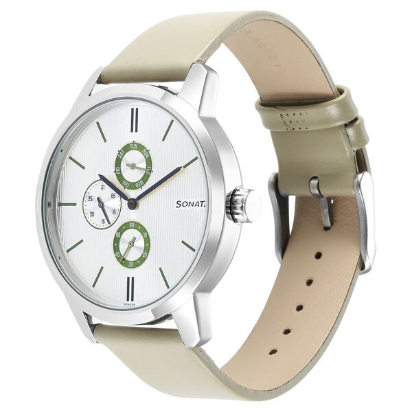 Sonata Quartz Multifunction Silver Dial Leather Strap Watch for Men - image number 1