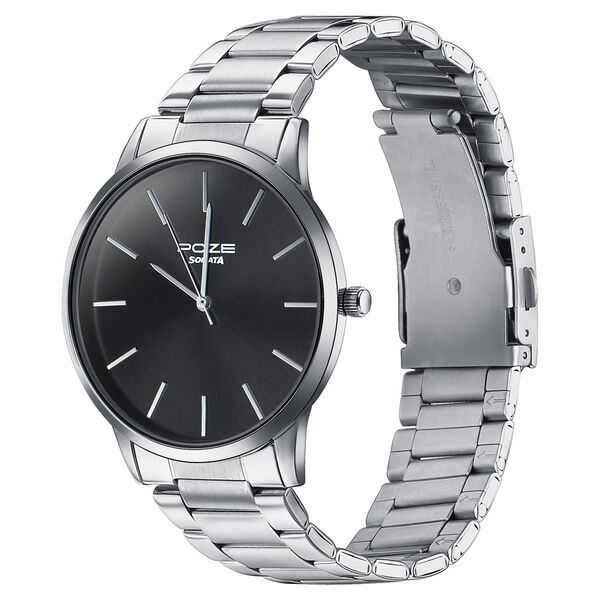 Sonata Poze Quartz Analog Black Dial Silver Color Stainless Steel Strap Watch For Men - image number 3