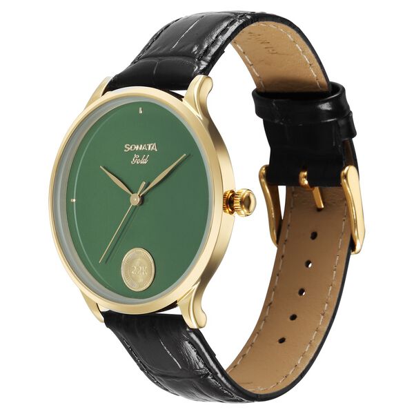 Sonata Gold Quartz Analog Sacred Forest Green With Gold Coin Dial Black Leather Strap Watch For Men - image number 2