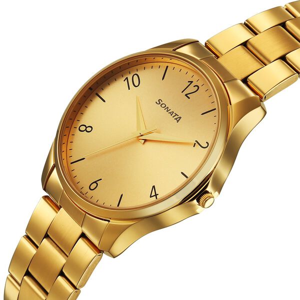 Sonata Traditional Essentials Quartz Analog Champagne Dial Golden Metal Strap Watch For Men - image number 2