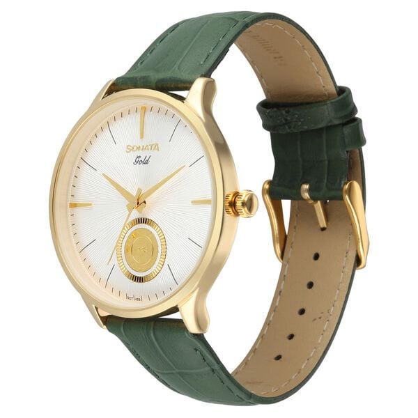 Sonata Gold White Dial Leather Strap Watch for Men with 22K Tanishq Gold Coin - image number 2
