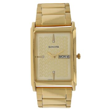 Sonata Quartz Analog with Day and Date Champagne Dial Stainless Steel Strap Watch for Men