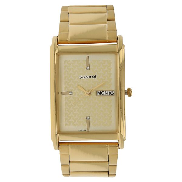 Sonata Quartz Analog with Day and Date Champagne Dial Stainless Steel Strap Watch for Men - image number 0