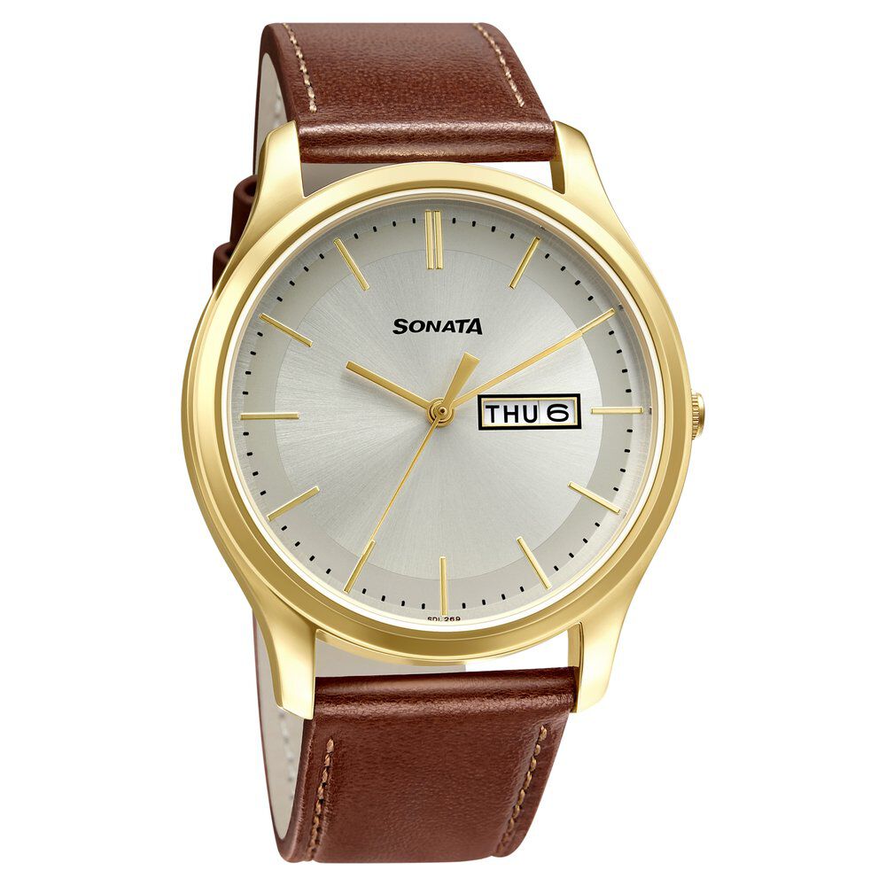 Buy Online Sonata Quartz Analog with Day and Date Champagne Dial Leather Strap Watch for Men ns77082yl06w Sonata