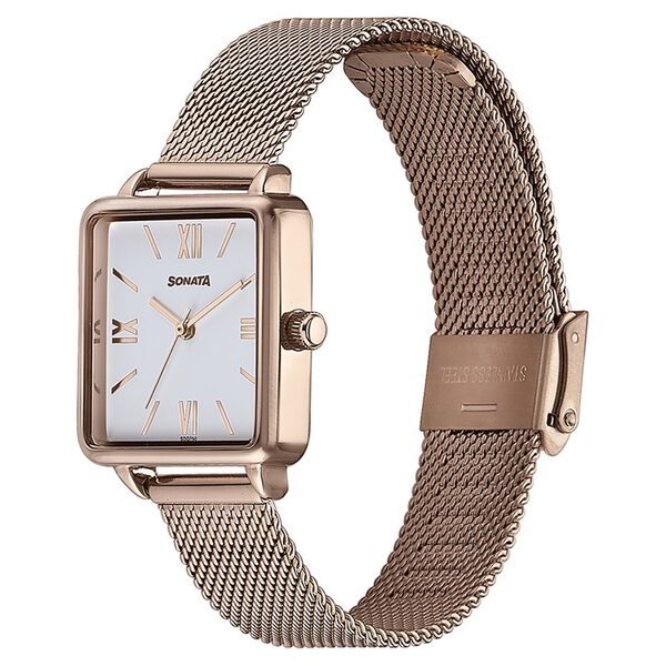 Sonata Quartz Analog White Dial Rose Gold Stainless Steel Strap Watch For Women - image number 3