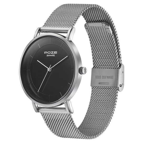 Sonata Poze Quartz Analog Black Dial Silver Mesh Strap Watch For Men - image number 3