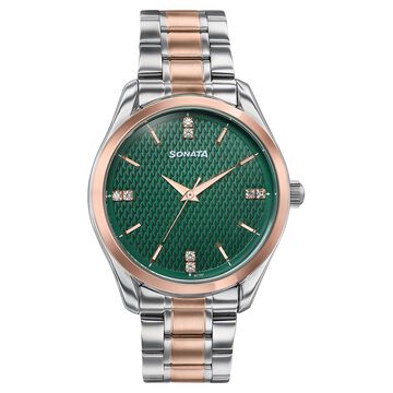 Sonata Jashn Quartz Analog Green Dial Two Toned Metal Strap Watch For Men