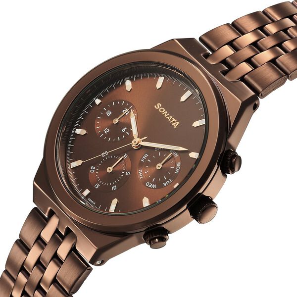 Sonata Eternia Quartz Multifunction Brown Dial Metal Strap Watch For Men - image number 2