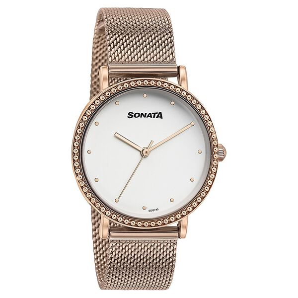 Sonata Quartz Analog White Dial Rose Gold Stainless Steel Strap Watch For Women - image number 2