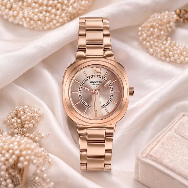 Poze By Sonata Quartz Analog Pink Dial Rose Gold Plated Stainless Steel Strap Watch For Women - image number 0