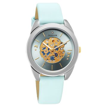 Sonata Unveil Quartz Multifunction Blue Dial Leather Strap Watch for Women