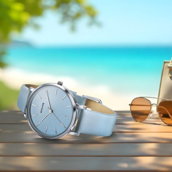 Sonata Pastel Play Quartz Analog Blue Dial Leather Strap Watch For Women - image number 0