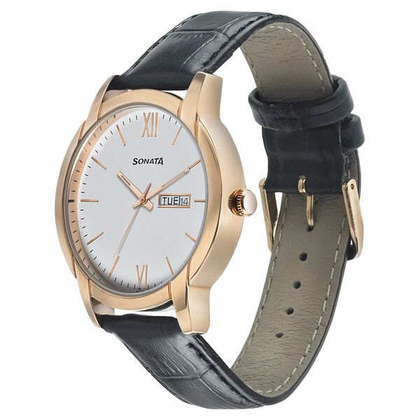 Sonata Beyond Gold Quartz Analog with Day and Date White Dial Leather Strap Watch for Men - image number 1